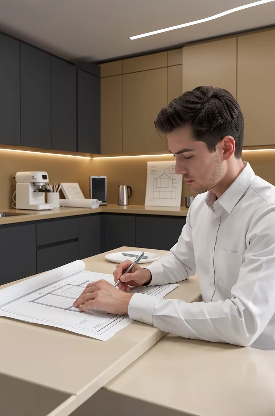 Concepteur travaillant sur des plans en cuisine
