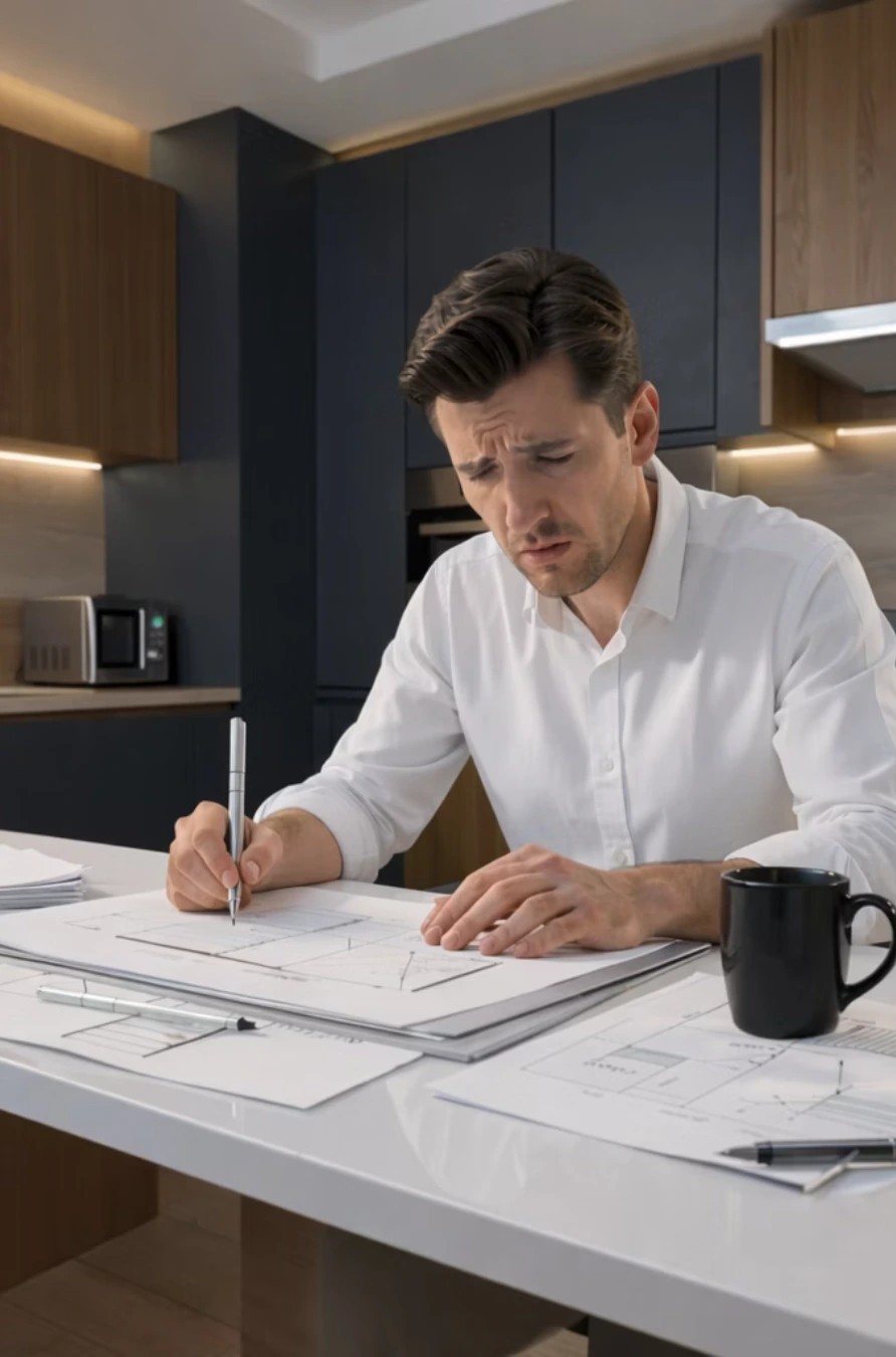 Cuisiniste fatigué devant des plans
