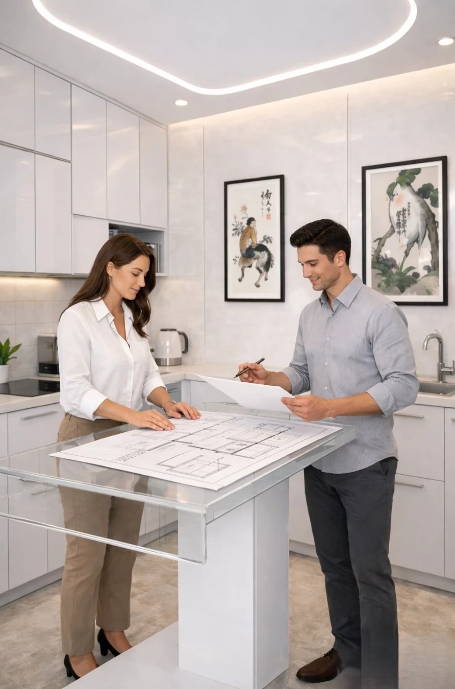 Couple validant un plan de cuisine